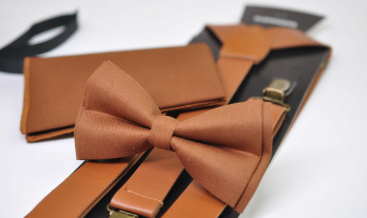 Tan Brown Cotton Bow tie Bowtie + matched Faux Leather Suspenders Braces + Pocket Squares for Men / Youth / Boys Kids / Baby Infant Toddler
