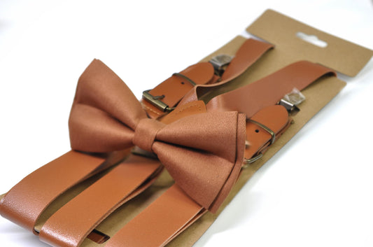 Tan Brown Cotton Bow tie Bowtie + matched Faux Leather Suspenders Braces for Men / Youth Teenage/ Boys Kids / Baby Infant Toddler