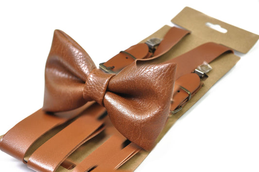 Tan Brown Bow tie Bowtie + matched Faux Leather Suspenders Braces for Men / Youth Teenage/ Boys Kids / Baby Infant Toddler