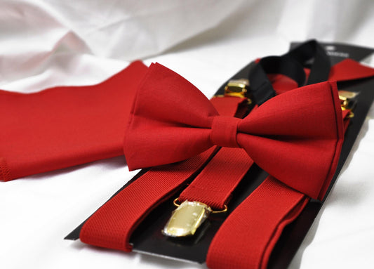 Red Bow tie + Elastic Braces Suspenders + POCKET SQUARES HANDKERCHIEF Hanky for Baby Infant / Boy Kids / Youth / Men