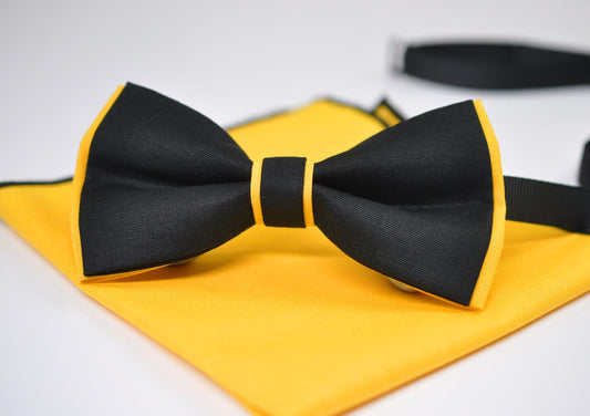 100% Cotton Yellow Black Pretied 2 Layers Bow Tie Bowtie + Pocket Squares Handkerchief Hanky Men / Youth Teenage / Kids Boy / Baby Infant
