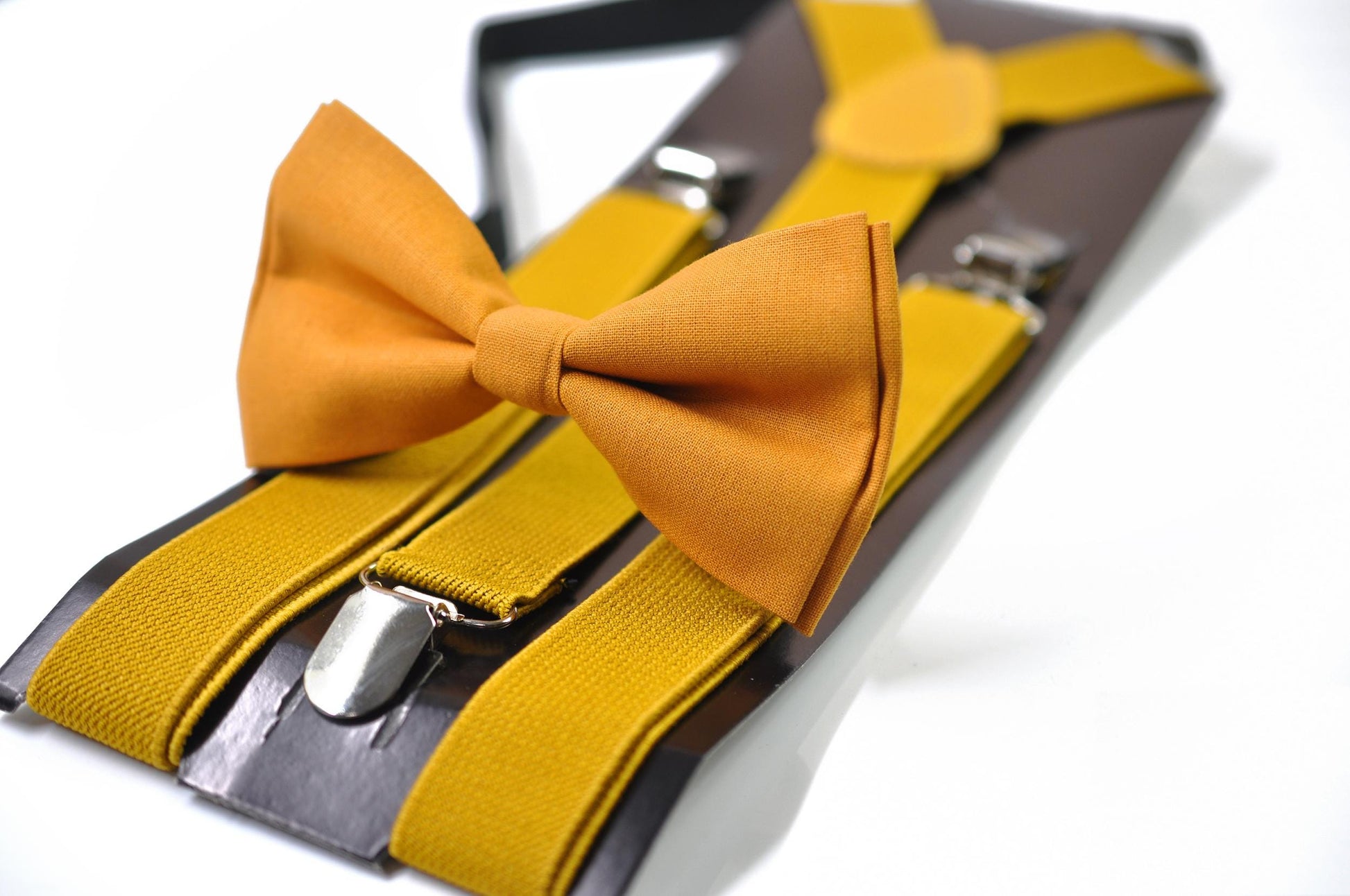Mustard butterscotch Marigold Bow tie Bowtie + Ginger Yellow Elastic Suspenders Braces for Men / Youth / Boys Kids / Baby Infant Toddler