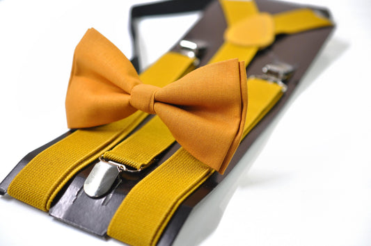 Mustard butterscotch Marigold Bow tie Bowtie + Ginger Yellow Elastic Suspenders Braces for Men / Youth / Boys Kids / Baby Infant Toddler