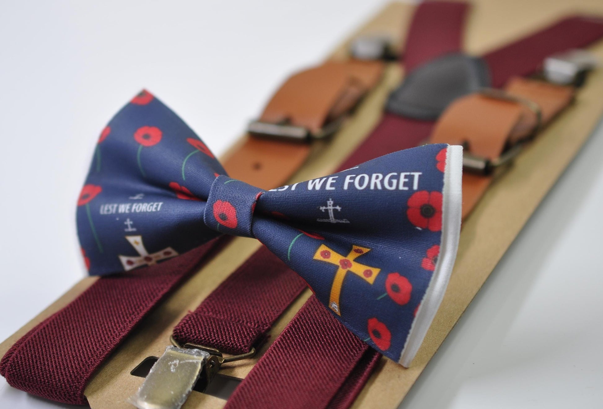 Anzac Day LEST WE FORGET Poppy Cotton Bow tie + Dark Red Burgundy Suspenders Braces for Men / Youth Teenage / Boy Kids / Baby Infant Toddler