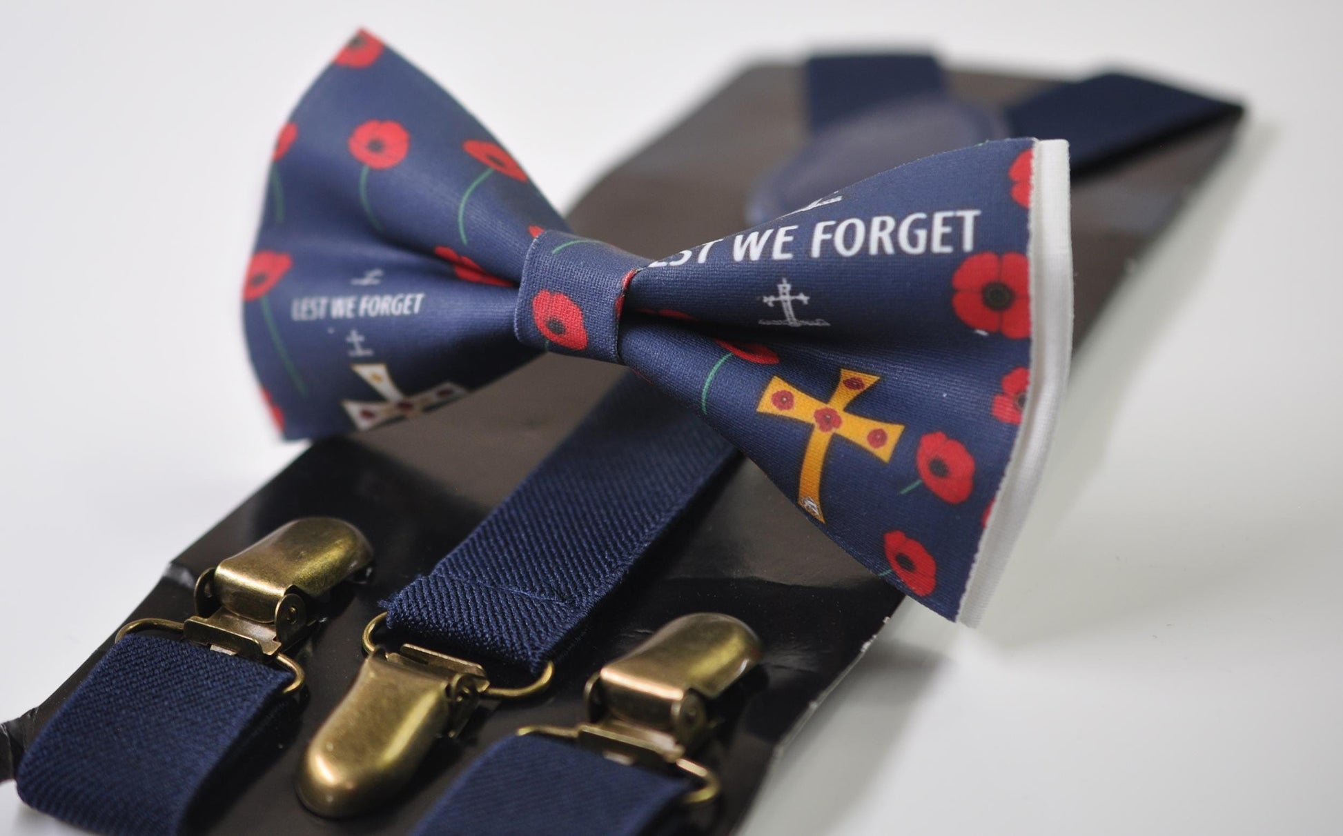 Anzac Day LEST WE FORGET Poppy Cotton Bow tie + Navy Blue Suspenders Braces for Men / Youth Teenage / Boy Kids / Baby Infant Toddler