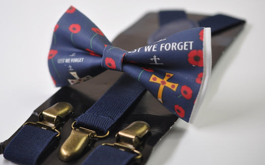 Anzac Day LEST WE FORGET Poppy Cotton Bow tie + Navy Blue Suspenders Braces for Men / Youth Teenage / Boy Kids / Baby Infant Toddler