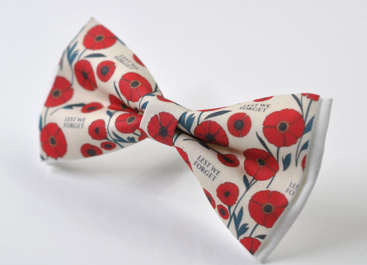 Anzac Day LEST WE FORGET Poppy Pattern Cotton Ivory Red Bow tie Bowtie for Men Adult / Youth Teenage / Boy Kids / Toddler Baby Infant