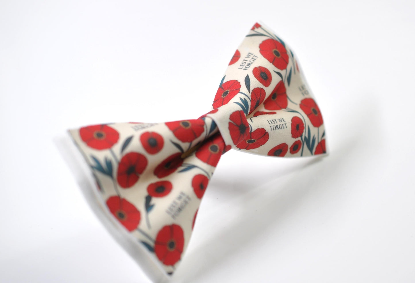 Anzac Day LEST WE FORGET Poppy Cotton Bow tie + Ivory Elastic Suspenders Braces for Men / Youth Teenage / Boy Kids / Baby Infant Todler