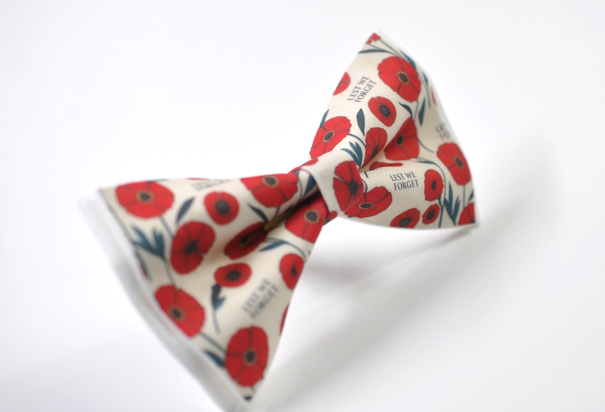 Anzac Day LEST WE FORGET Poppy Cotton Bow tie + Ivory Elastic Suspenders Braces for Men / Youth Teenage / Boy Kids / Baby Infant Todler