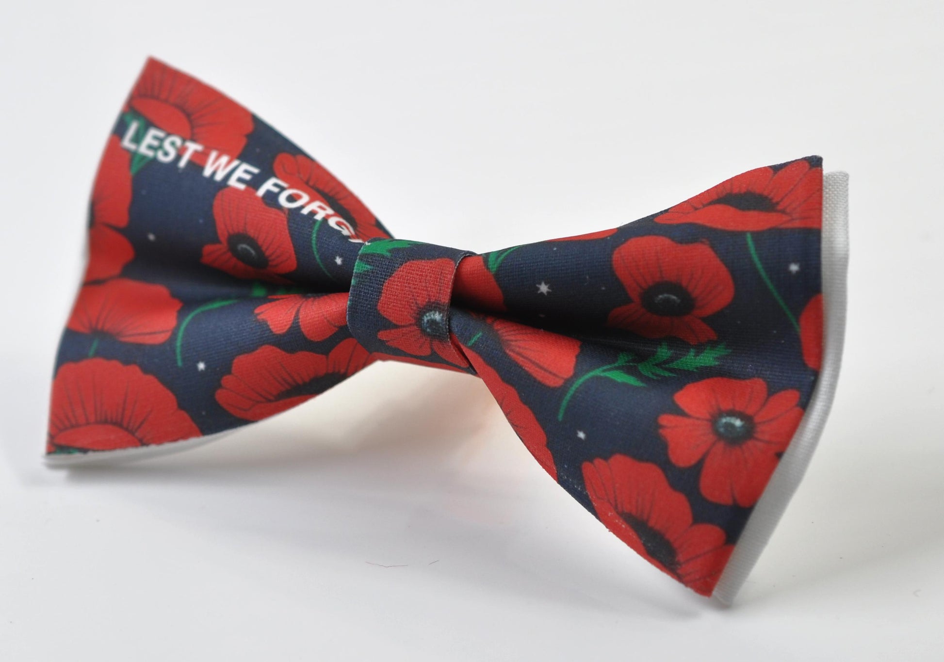 Anzac Day LEST WE FORGET Poppy Cotton Bow tie + Navy Blue Elastic Suspenders Braces for Men / Youth Teenage / Boy Kids / Baby Infant Todler