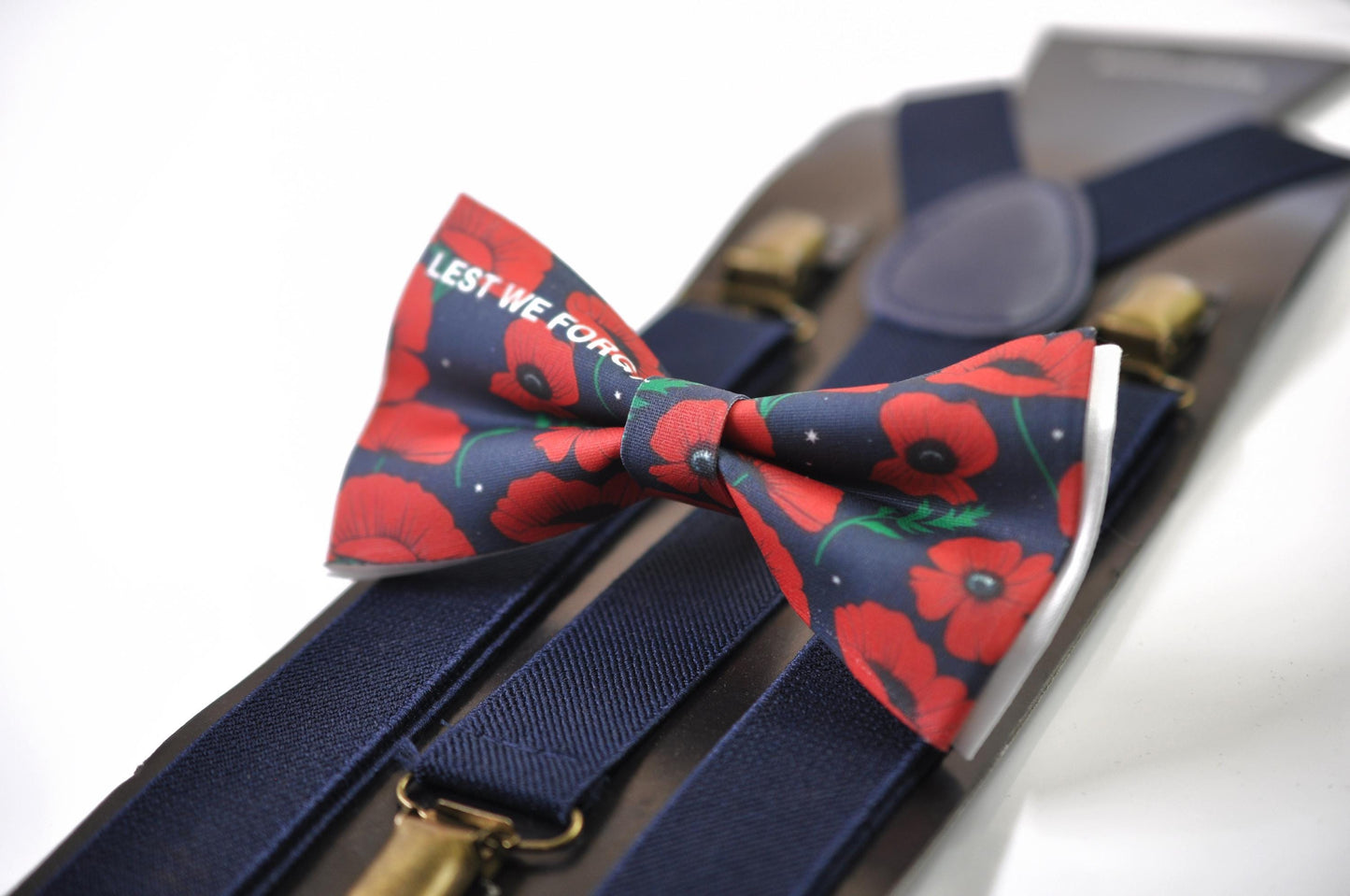 Anzac Day LEST WE FORGET Poppy Cotton Bow tie + Navy Blue Elastic Suspenders Braces for Men / Youth Teenage / Boy Kids / Baby Infant Todler
