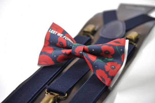 Anzac Day LEST WE FORGET Poppy Cotton Bow tie + Navy Blue Elastic Suspenders Braces for Men / Youth Teenage / Boy Kids / Baby Infant Todler