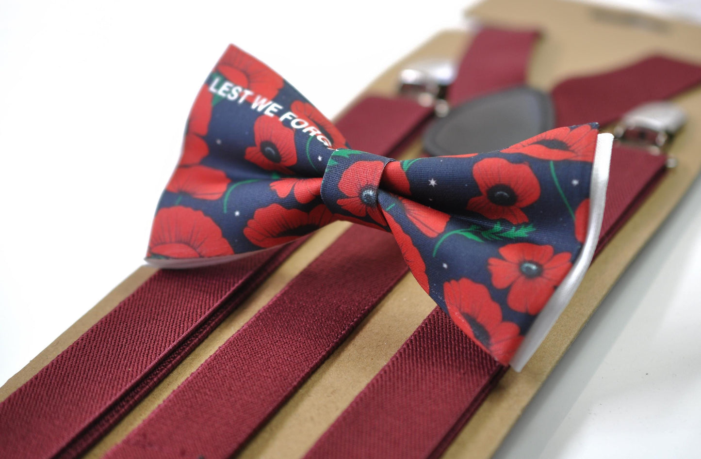 Anzac Day LEST WE FORGET Poppy Cotton Bow tie + Wine Red Elastic Suspenders Braces for Men / Youth Teenage / Boy Kids / Baby Infant Todler