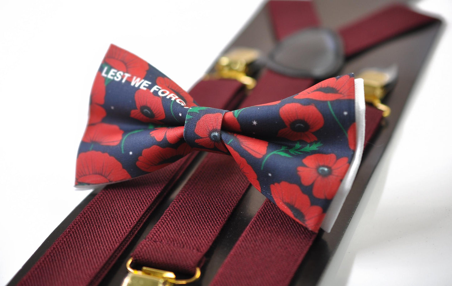 Anzac Day LEST WE FORGET Poppy Cotton Bow tie + Wine Red Elastic Suspenders Braces for Men / Youth Teenage / Boy Kids / Baby Infant Todler