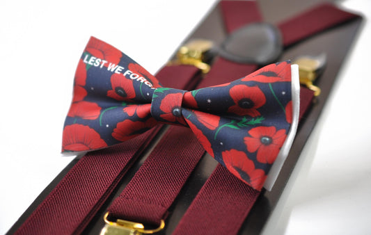 Anzac Day LEST WE FORGET Poppy Cotton Bow tie + Wine Red Elastic Suspenders Braces for Men / Youth Teenage / Boy Kids / Baby Infant Todler