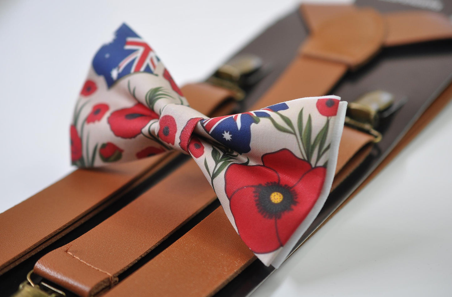 Anzac Day Australia Flag Poppy Cotton Bow tie + Tan Faux Leather Suspenders Braces for Men / Youth Teenage / Boy Kids / Baby Infant Todler