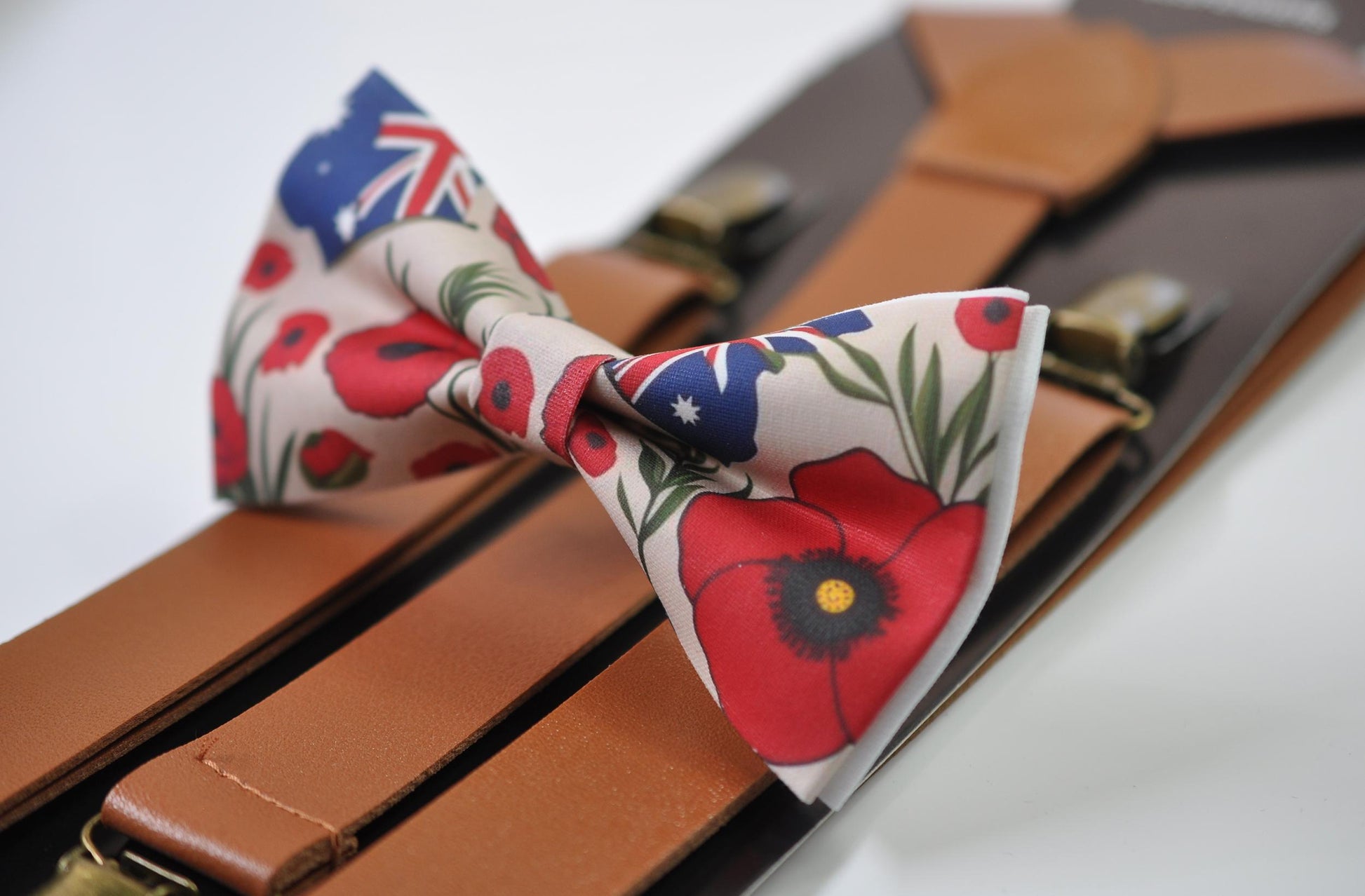 Anzac Day Australia Flag Poppy Cotton Bow tie + Tan Faux Leather Suspenders Braces for Men / Youth Teenage / Boy Kids / Baby Infant Todler
