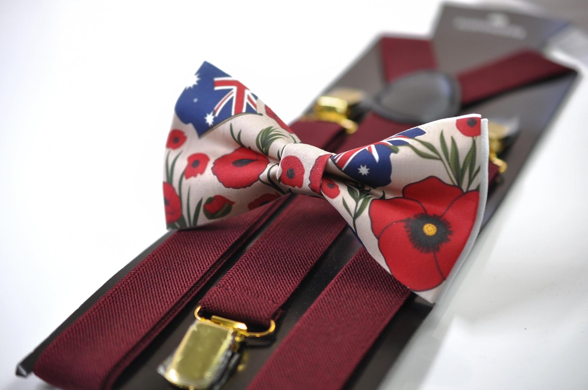 Anzac Day Australia Flag Poppy Cotton Bow tie + Wine Red Elastic Suspenders Braces for Men / Youth Teenage / Boy Kids / Baby Infant Todler