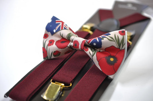 Anzac Day Australia Flag Poppy Cotton Bow tie + Wine Red Elastic Suspenders Braces for Men / Youth Teenage / Boy Kids / Baby Infant Todler