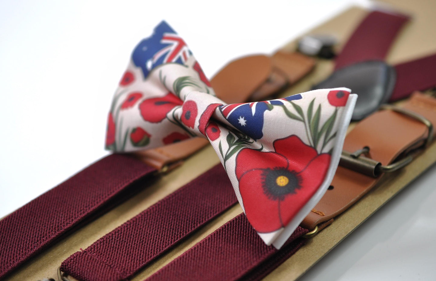 Anzac Day Australia Flag Poppy Cotton Bow tie + Wine Red Elastic Suspenders Braces for Men / Youth Teenage / Boy Kids / Baby Infant Todler