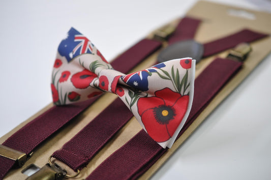 Anzac Day Australia Flag Poppy Cotton Bow tie + Wine Red Elastic Suspenders Braces for Men / Youth Teenage / Boy Kids / Baby Infant Todler