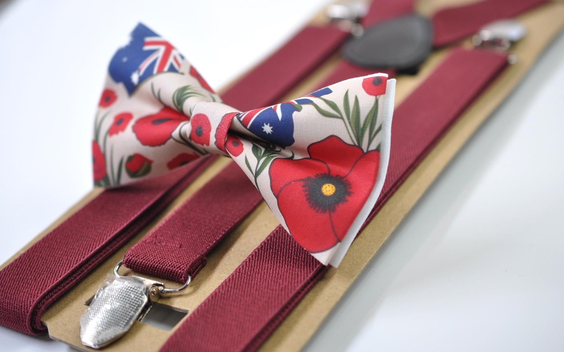 Anzac Day Australia Flag Poppy Cotton Bow tie + Wine Red Elastic Suspenders Braces for Men / Youth Teenage / Boy Kids / Baby Infant Todler