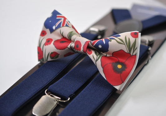 Anzac Day Australia Flag Poppy Cotton Bow tie + Navy Blue Elastic Suspenders Braces for Men / Youth Teenage / Boy Kids / Baby Infant Todler