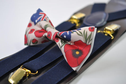 Anzac Day Australia Flag Poppy Cotton Bow tie + Navy Blue Elastic Suspenders Braces for Men / Youth Teenage / Boy Kids / Baby Infant Todler