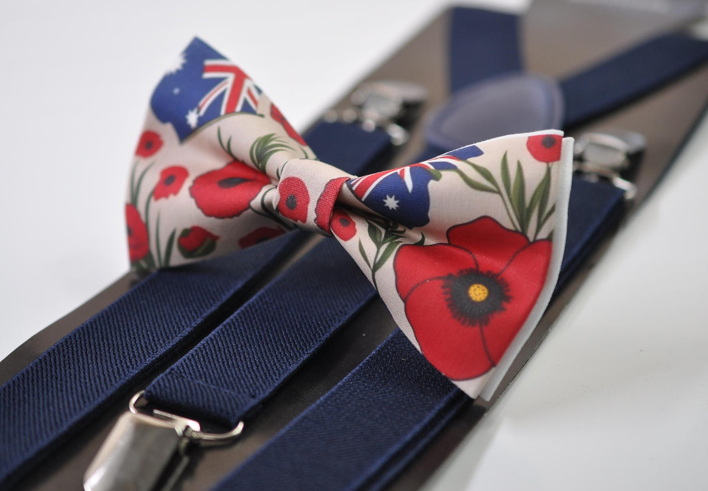 Anzac Day Australia Flag Poppy Cotton Bow tie + Navy Blue Elastic Suspenders Braces for Men / Youth Teenage / Boy Kids / Baby Infant Todler