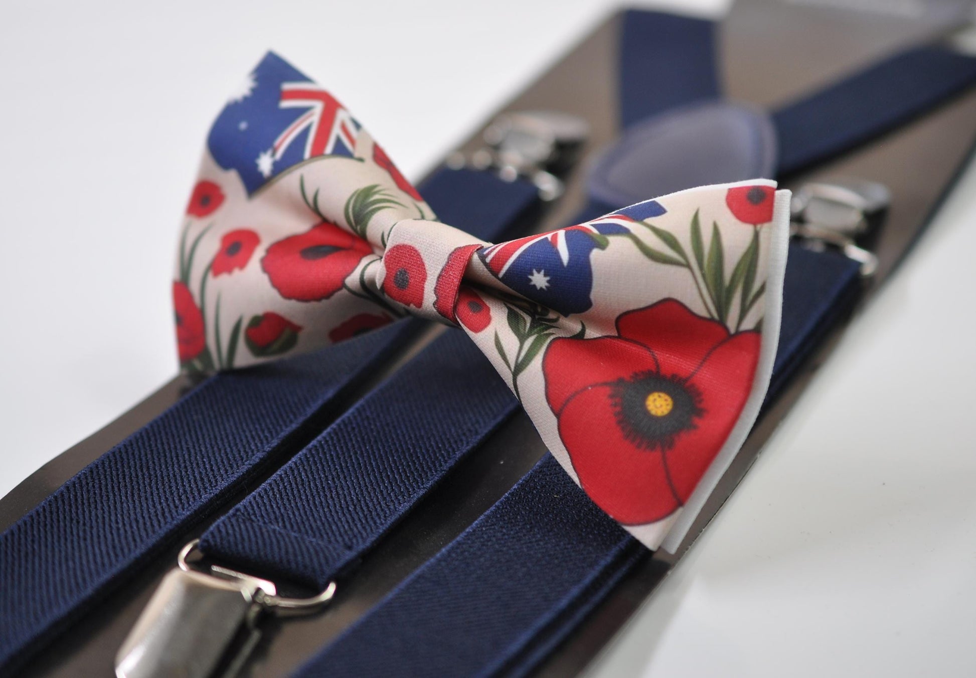 Anzac Day Australia Flag Poppy Cotton Bow tie + Navy Blue Elastic Suspenders Braces for Men / Youth Teenage / Boy Kids / Baby Infant Todler