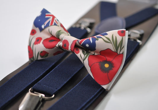 Anzac Day Australia Flag Poppy Cotton Bow tie + Navy Blue Elastic Suspenders Braces for Men / Youth Teenage / Boy Kids / Baby Infant Todler