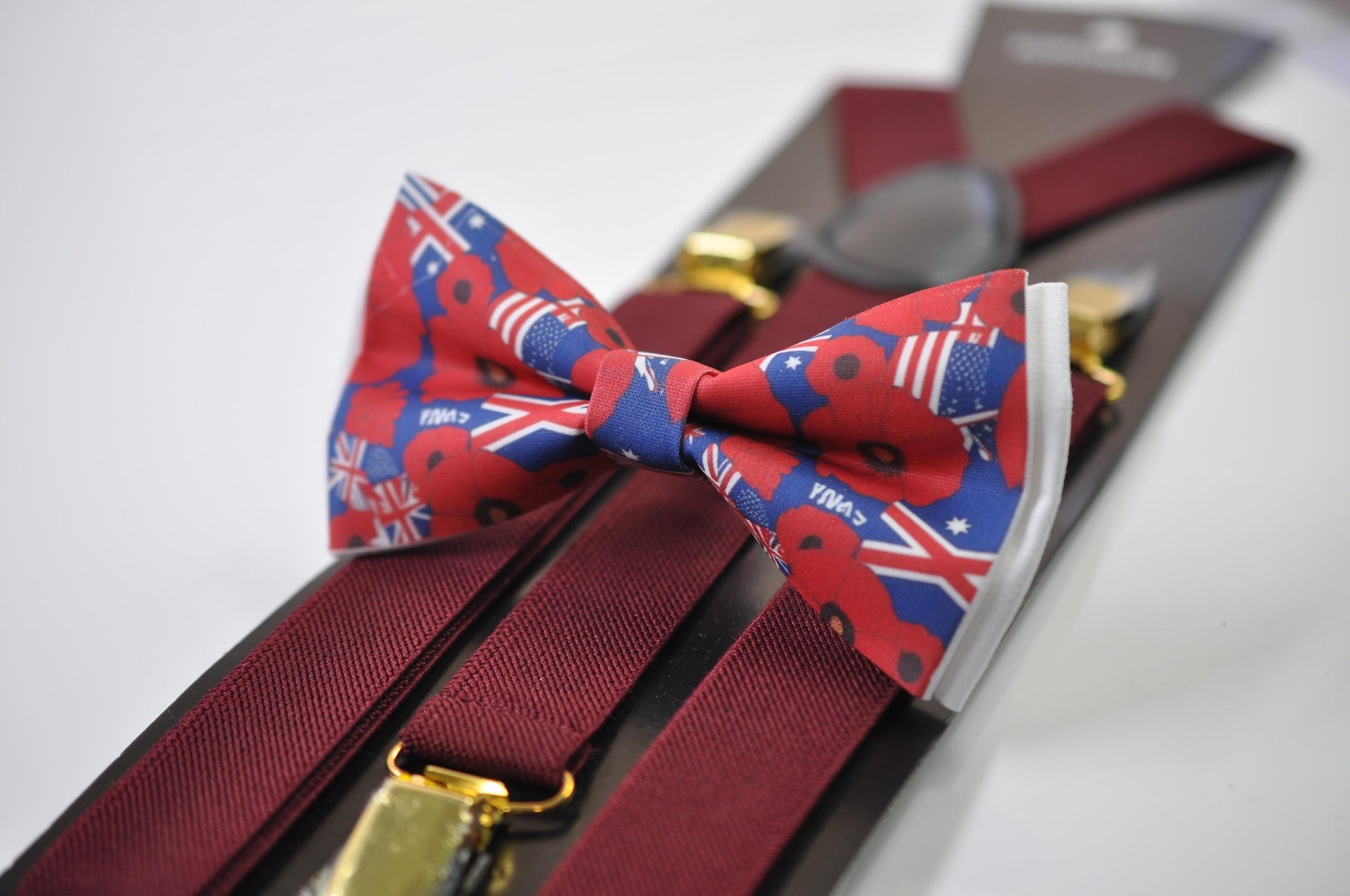 Anzac Day Australia Flag Poppy Cotton Bow tie + Wine Red Elastic Suspenders Braces for Men / Youth Teenage / Boy Kids / Baby Infant Todler