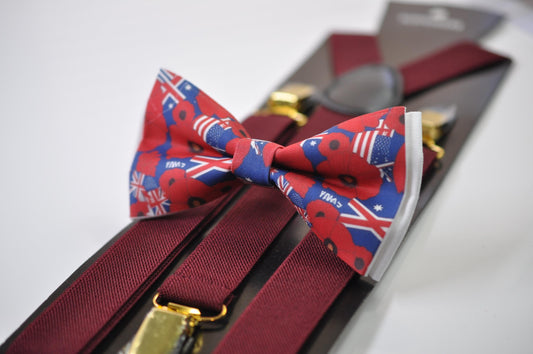Anzac Day Australia Flag Poppy Cotton Bow tie + Wine Red Elastic Suspenders Braces for Men / Youth Teenage / Boy Kids / Baby Infant Todler