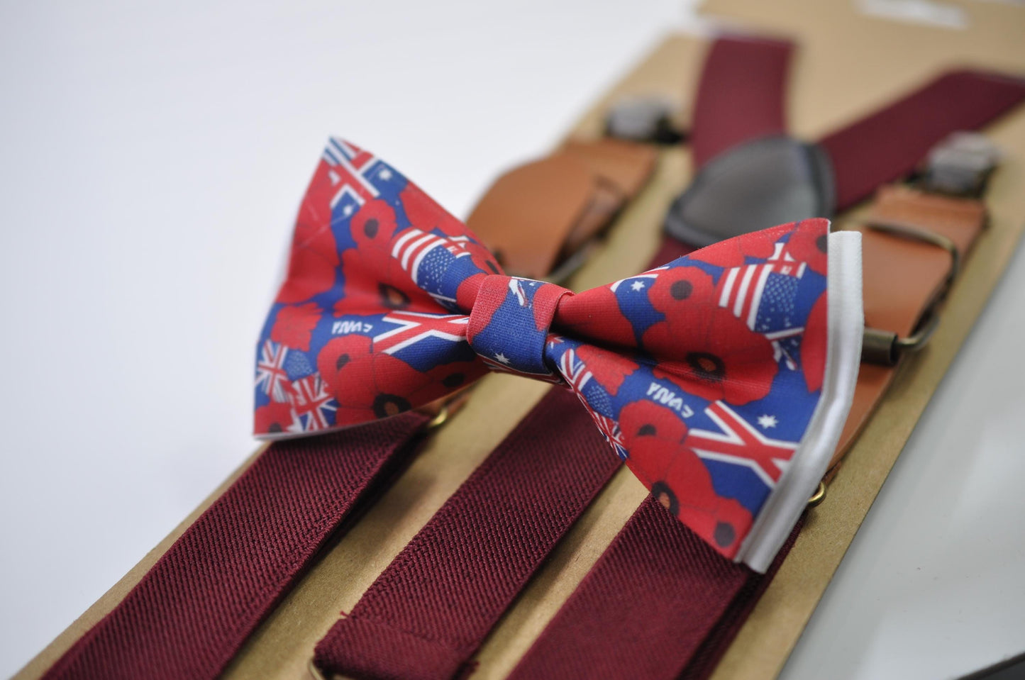 Anzac Day Australia Flag Poppy Cotton Bow tie + Wine Red Elastic Suspenders Braces for Men / Youth Teenage / Boy Kids / Baby Infant Todler