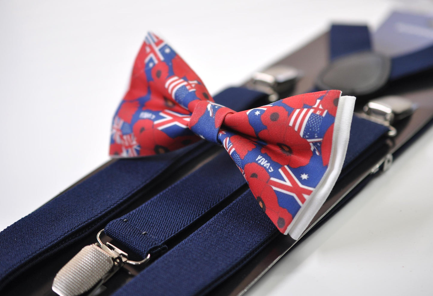 Anzac Day Australia Flag Poppy Cotton Bow tie + Navy Blue Elastic Suspenders Braces for Men / Youth Teenage / Boy Kids / Baby Infant Todler