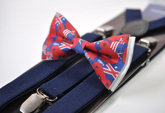 Anzac Day Australia Flag Poppy Cotton Bow tie + Navy Blue Elastic Suspenders Braces for Men / Youth Teenage / Boy Kids / Baby Infant Todler