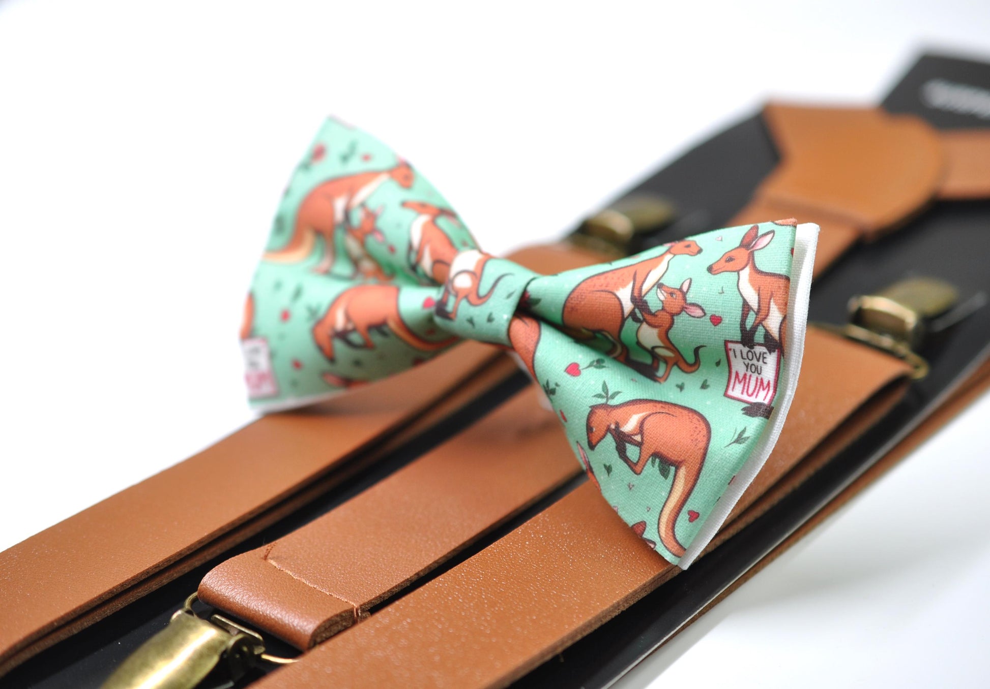 Kangaroo Happy Mothers day Carnations Bow tie + Tan Faux Leather Suspenders Braces for Men / Youth Teenage / Boy Kids / Baby Infant Todler