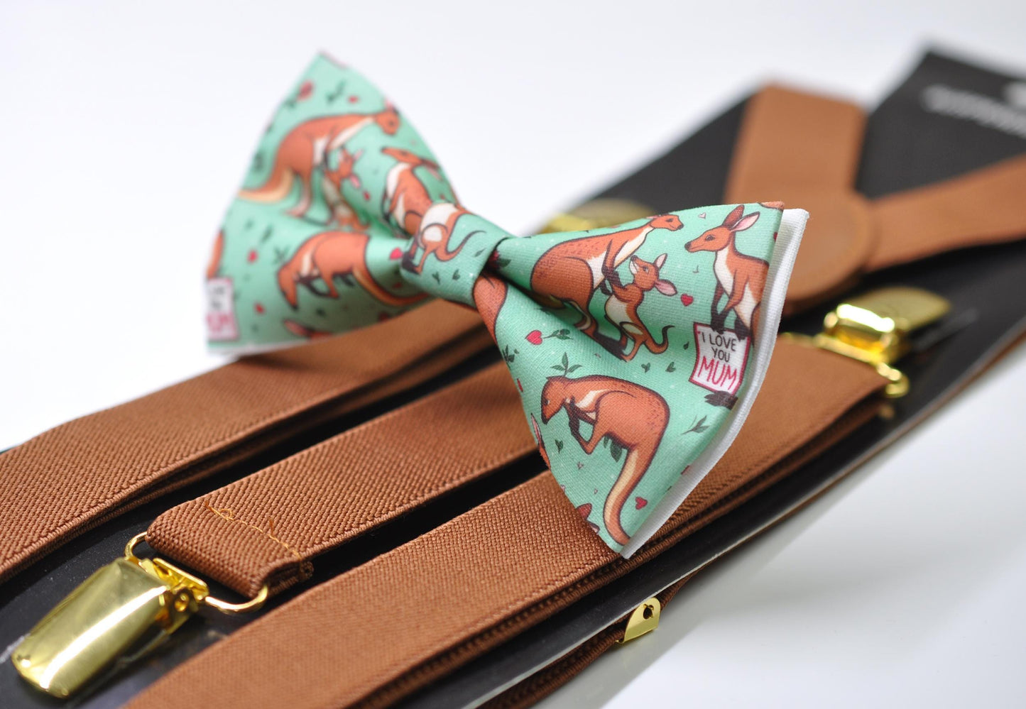 Kangaroo Happy Mothers day Carnations Bow tie + Tan Brown Elastic Suspenders Braces for Men / Youth Teenage / Boy Kids / Baby Infant Toddler