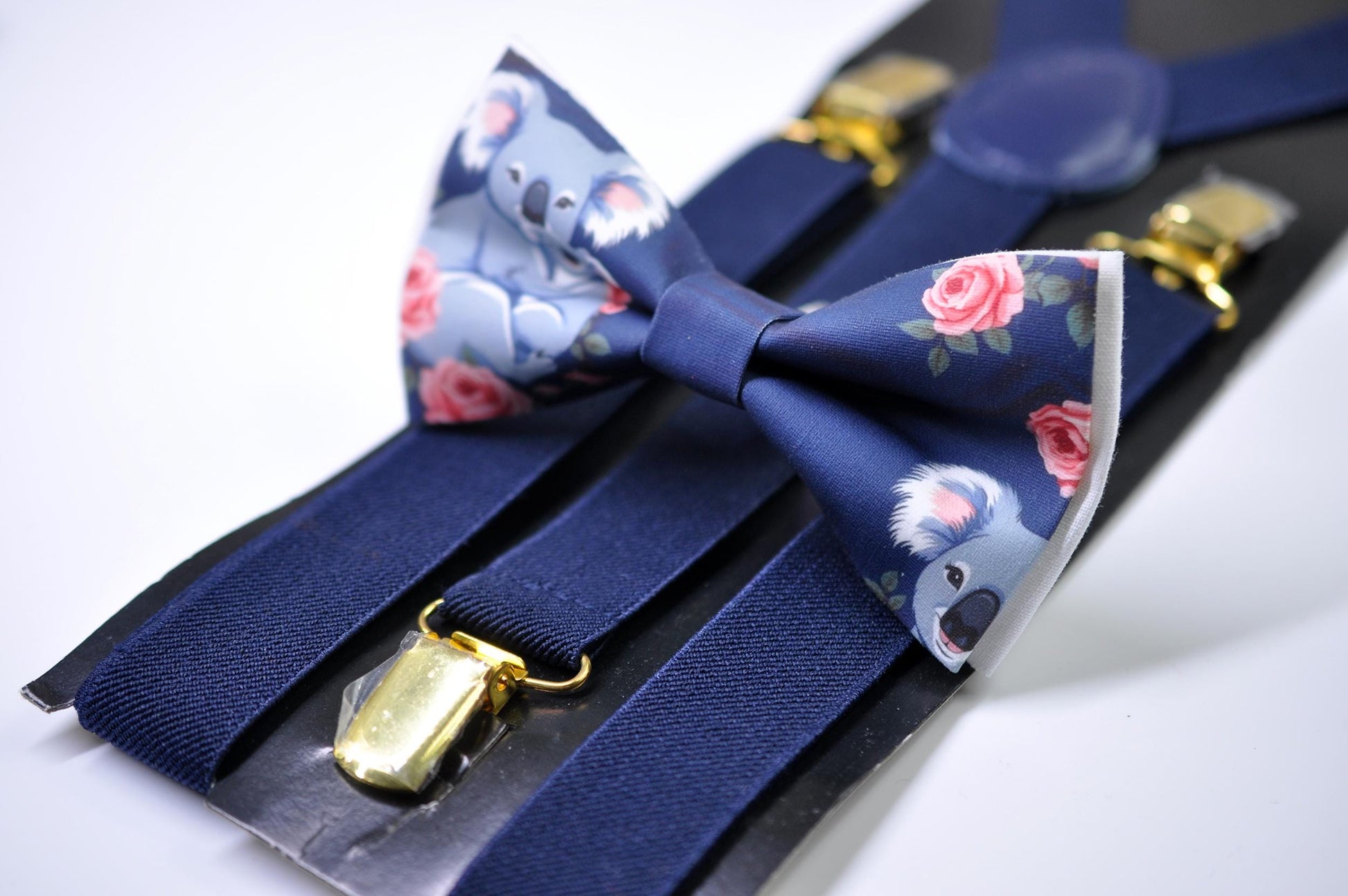 Koala Happy Mothers day Carnations Bow tie + Navy Blue Elastic Suspenders Braces for Men / Youth Teenage / Boy Kids / Baby Infant Toddler