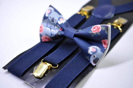 Koala Happy Mothers day Carnations Bow tie + Navy Blue Elastic Suspenders Braces for Men / Youth Teenage / Boy Kids / Baby Infant Toddler