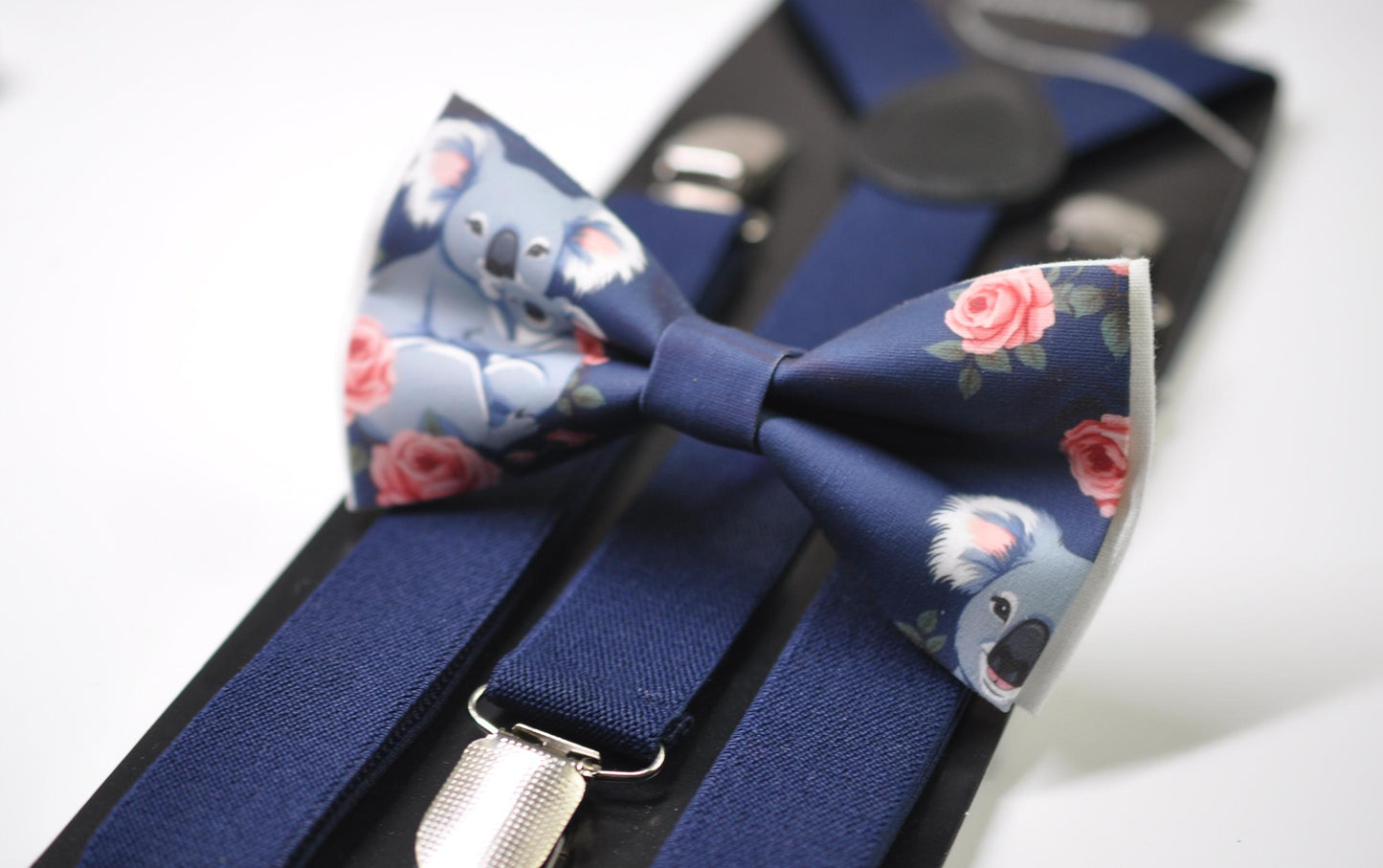 Koala Happy Mothers day Carnations Bow tie + Navy Blue Elastic Suspenders Braces for Men / Youth Teenage / Boy Kids / Baby Infant Toddler