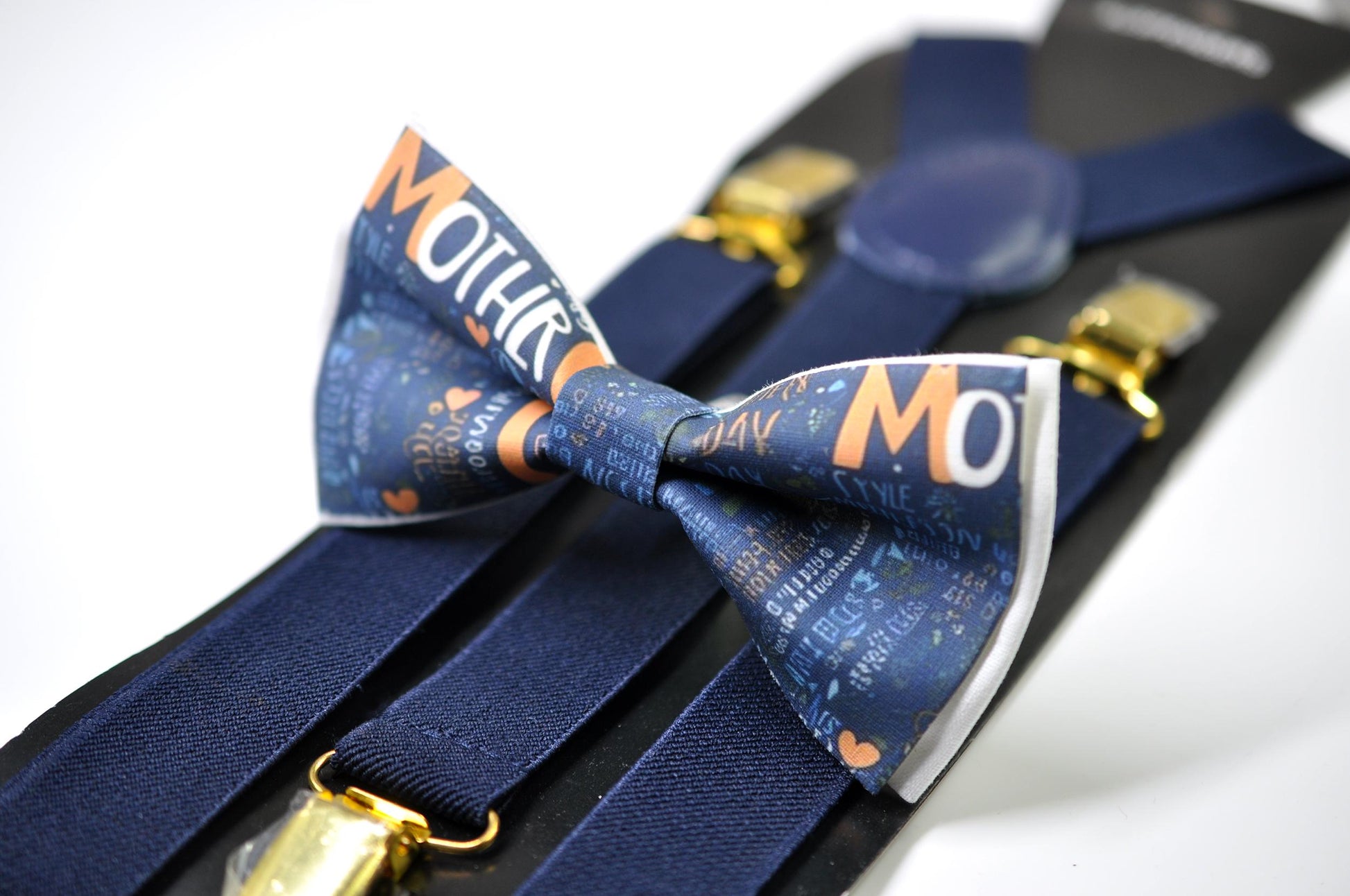 Happy Mothers day Words Cloud Bow tie + Navy Blue Elastic Suspenders Braces for Men / Youth Teenage / Boy Kids / Baby Infant Toddler