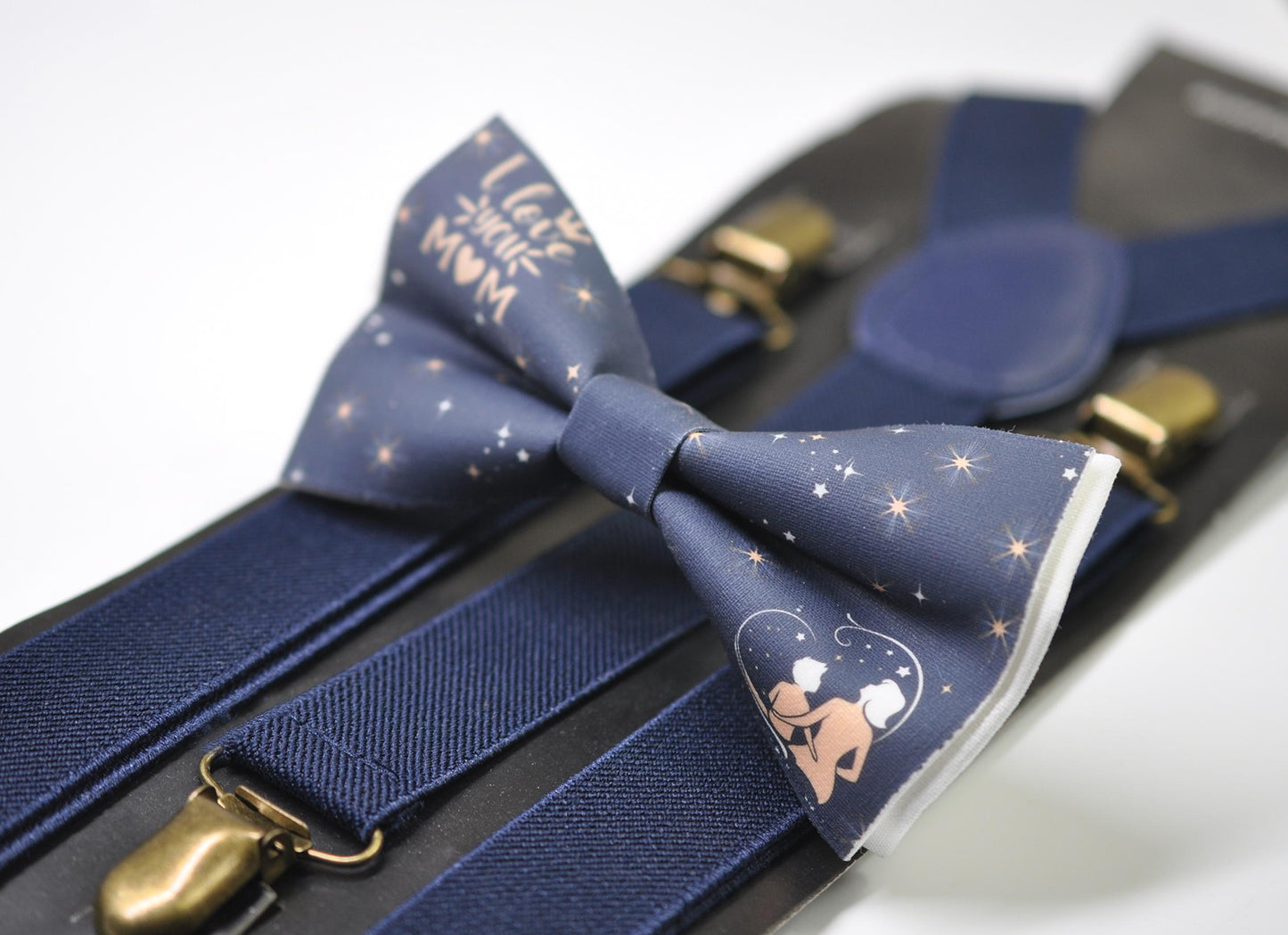 Happy Mothers day Starry Sky Bow tie + Navy Blue Elastic Suspenders Braces for Men / Youth Teenage / Boy Kids / Baby Infant Toddler