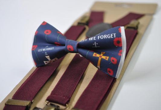 Anzac Day LEST WE FORGET Poppy Cotton Bow tie + Dark Red Burgundy Suspenders Braces for Men / Youth Teenage / Boy Kids / Baby Infant Toddler