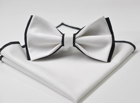 White Black Bow Tie Bowtie +Pocket Squares Hanky Handkerchief Baby Infant Toddler/ Page Boy Kids Toddler /Youth / Adult