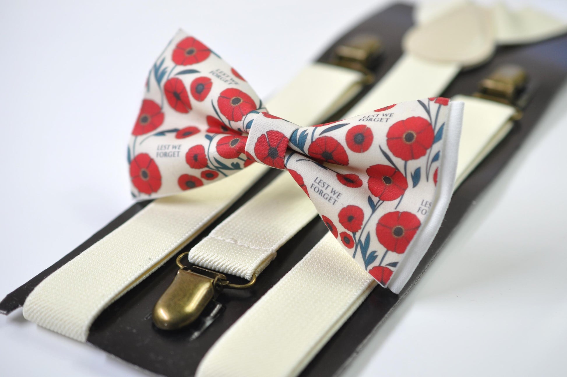 Anzac Day LEST WE FORGET Poppy Cotton Bow tie + Ivory Elastic Suspenders Braces for Men / Youth Teenage / Boy Kids / Baby Infant Todler