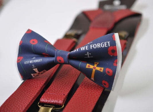 Anzac Day LEST WE FORGET Poppy Bow tie + Wine Red Faux Leather Suspenders Braces for Men / Youth Teenage / Boy Kids / Baby Infant Toddler