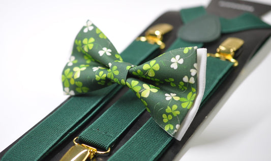 Happy St Patrick’s Day Green Clover Three-leaf Clovers Bow tie + GREEN Suspenders Braces for Men / Youth / Boy Kids / Baby Infant Toddler