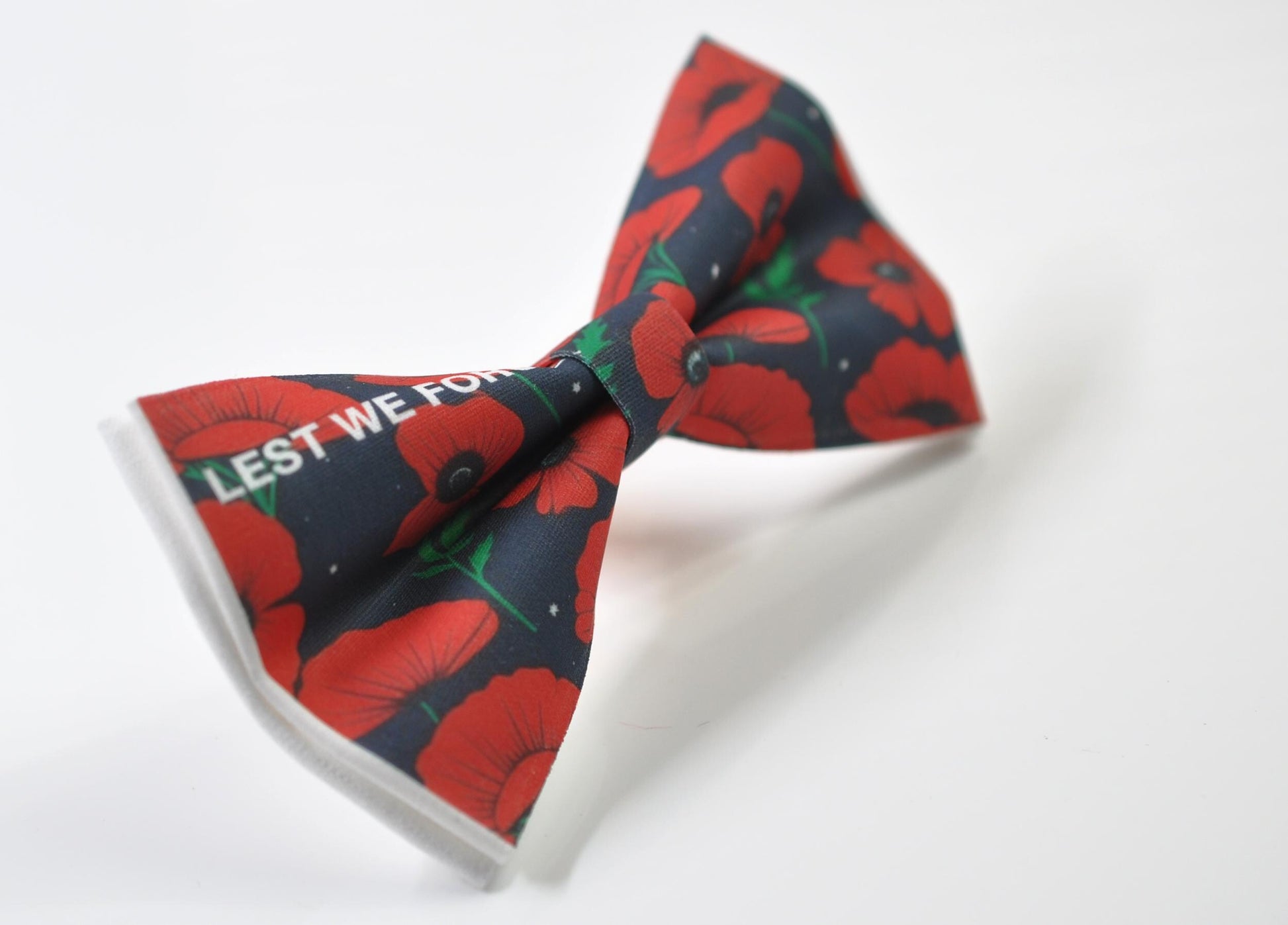 Anzac Day LEST WE FORGET Poppy Cotton Bow tie + Navy Blue Elastic Suspenders Braces for Men / Youth Teenage / Boy Kids / Baby Infant Todler