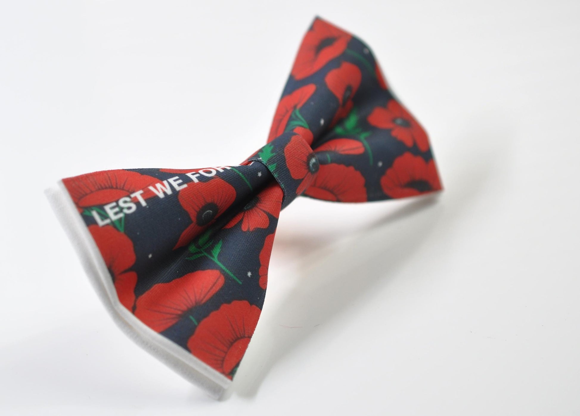 Anzac Day LEST WE FORGET Poppy Cotton Bow tie + Navy Blue Elastic Suspenders Braces for Men / Youth Teenage / Boy Kids / Baby Infant Todler